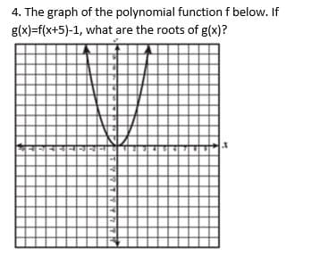 4. The graph of the polynomial function f below. If
g(x)=f(x+5)-1, what are the roots of g(x)?

