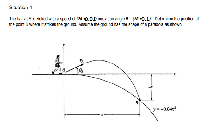 Situation 4:
The ball at A is kicked with a speed of (24 +0.01) m/s at an angle 0 = (25 +0.1)°. Determine the position of
the point B where it strikes the ground. Assume the ground has the shape of a parabola as shown.
y= -0.04x?
