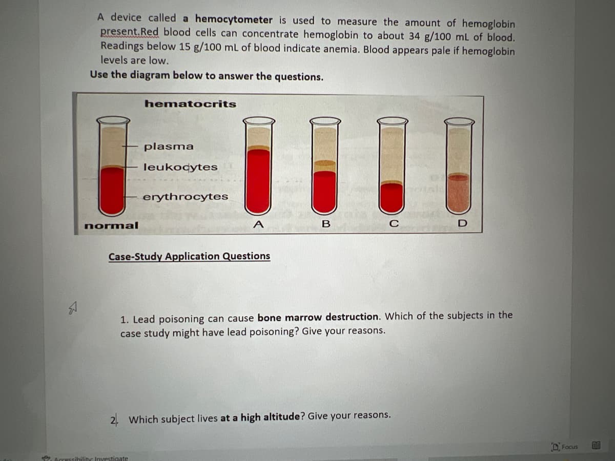 A device called a hemocytometer is used to measure the amount of hemoglobin
present. Red blood cells can concentrate hemoglobin to about 34 g/100 mL of blood.
Readings below 15 g/100 mL of blood indicate anemia. Blood appears pale if hemoglobin
levels are low.
Use the diagram below to answer the questions.
hematocrits
plasma
leukocytes
erythrocytes
A
B
C
D
Case-Study Application Questions
1. Lead poisoning can cause bone marrow destruction. Which of the subjects in the
case study might have lead poisoning? Give your reasons.
2. Which subject lives at a high altitude? Give your reasons.
normal
2. Accessibility: Investigate
HOTEN
Focus
9