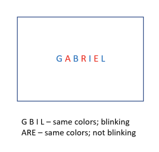 GABRIEL
GBIL-same colors; blinking
ARE - same colors; not blinking