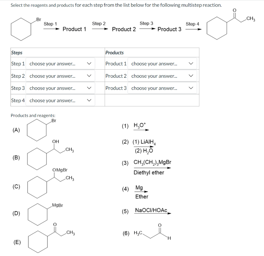 Select the reagents and products for each step from the list below for the following multistep reaction.
(A)
Steps
Step 1
choose your answer...
Step 2
choose your answer...
Step 3
choose your answer...
Step 4 choose your answer...
Products and reagents:
Br
(B)
(C)
Br
(D)
Step 1
(E)
Product 1
OH
CH3
OMg Br
MgBr
CH3
CH3
Step 2
Product 2
Step 3
Products
Product 1 choose your answer...
Product 2 choose your answer...
Product 3 choose your answer...
(1)
(2) (1) LIAIH
(2) H₂O
(4)
H3O+
(5)
(3) CH₂(CH₂)3MgBr
Diethyl ether
Product 3
Mg
Ether
NaOCl/HOAc
(6) H3C.
H
Step 4
CH3
