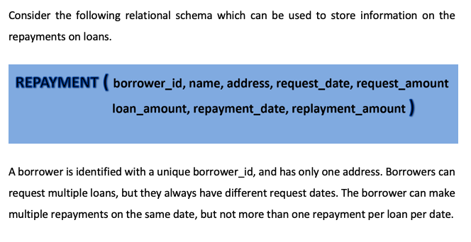 Consider the following relational schema which can be used to store information on the
repayments on loans.
REPAYMENT ( borrower_id, name, address, request_date, request_amount
loan_amount, repayment_date, replayment_amount )
A borrower is identified with a unique borrower_id, and has only one address. Borrowers can
request multiple loans, but they always have different request dates. The borrower can make
multiple repayments on the same date, but not more than one repayment per loan per date.
