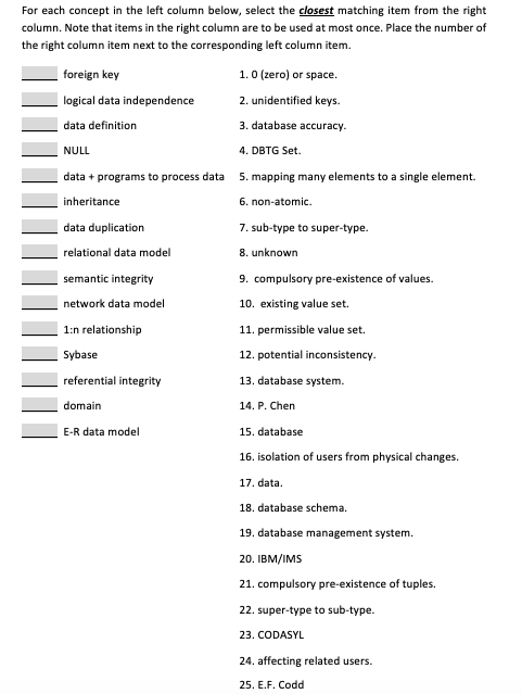 For each concept in the left column below, select the closest matching item from the right
column. Note that items in the right column are to be used at most once. Place the number of
the right column item next to the corresponding left column item.
| foreign key
1. 0 (zero) or space.
logical data independence
2. unidentified keys.
data definition
3. database accuracy.
NULL
4. DBTG Set.
data + programs to process data
5. mapping many elements to a single element.
inheritance
6. non-atomic.
data duplication
7. sub-type to super-type.
relational data model
8. unknown
semantic integrity
9. compulsory pre-existence of values.
network data model
10. existing value set.
1:n relationship
11. permissible value set.
Sybase
12. potential inconsistency.
referential integrity
13. database system.
domain
14. P. Chen
E-R data model
15. database
16. isolation of users from physical changes.
17. data.
18. database schema.
19. database management system.
20. IBM/IMS
21. compulsory pre-existence of tuples.
22. super-type to sub-type.
23. CODASYL
24. affecting related users.
25. E.F. Codd
