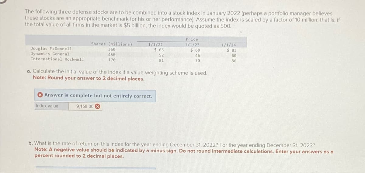 The following three defense stocks are to be combined into a stock Index In January 2022 (perhaps a portfolio manager believes
these stocks are an appropriate benchmark for his or her performance). Assume the index is scaled by a factor of 10 million; that is, if
the total value of all firms in the market is $5 billion, the index would be quoted as 500.
Douglas McDonnell
Dynamics General
International Rockwell
Shares (millions)
1/1/22
Price
1/1/23
1/1/24
360
450
170
$ 65
52
81
$ 69
$ 83
46
70
60
86
a. Calculate the initial value of the index if a value-weighting scheme is used.
Note: Round your answer to 2 decimal places.
Answer is complete but not entirely correct.
Index value
9,158.00 X
b. What is the rate of return on this index for the year ending December 31, 2022? For the year ending December 31, 2023?
Note: A negative value should be indicated by a minus sign. Do not round intermediate calculations. Enter your answers as a
percent rounded to 2 decimal places.