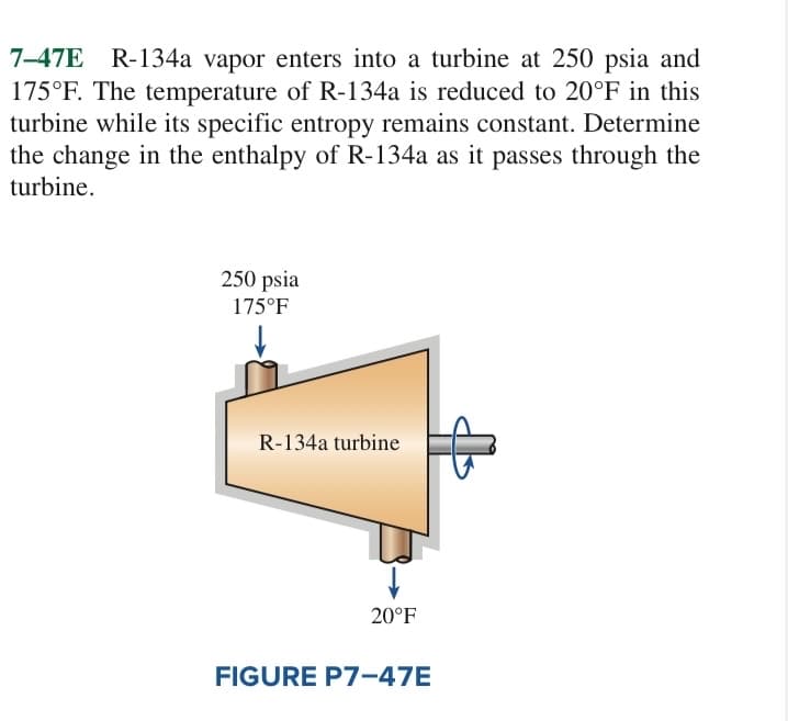 7-47E
R-134a vapor enters into a turbine at 250 psia and
175°F. The temperature of R-134a is reduced to 20°F in this
turbine while its specific entropy remains constant. Determine
the change in the enthalpy of R-134a as it passes through the
turbine.
250 psia
175°F
R-134a turbine
20°F
FIGURE P7-47E
