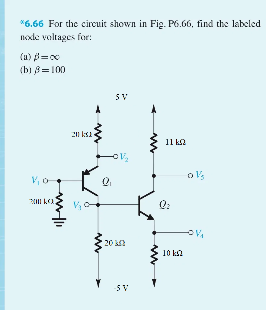 *6.66 For the circuit shown in Fig. P6.66, find the labeled
node voltages for:
(a) B=0
(b) B=100
5 V
20 kQ
11 k2
OV2
o V5
Vị o
200 k2
V3
Q2
OV4
20 kQ
10 k2
-5 V
