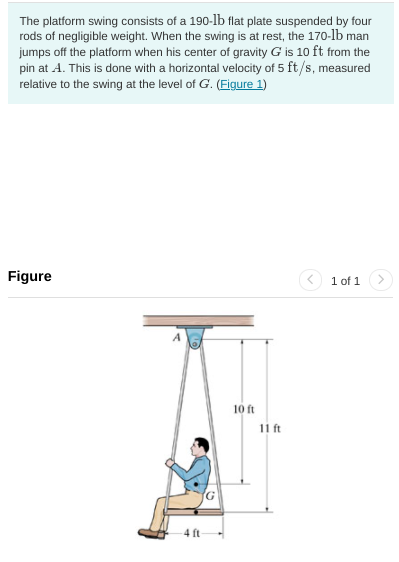 The platform swing consists of a 190-lb flat plate suspended by four
rods of negligible weight. When the swing is at rest, the 170-lb man
jumps off the platform when his center of gravity G is 10 ft from the
pin at A. This is done with a horizontal velocity of 5 ft/s, measured
relative to the swing at the level of G. (Eigure 1)
Figure
1 of 1
10 ft
11 ft
4 ft
