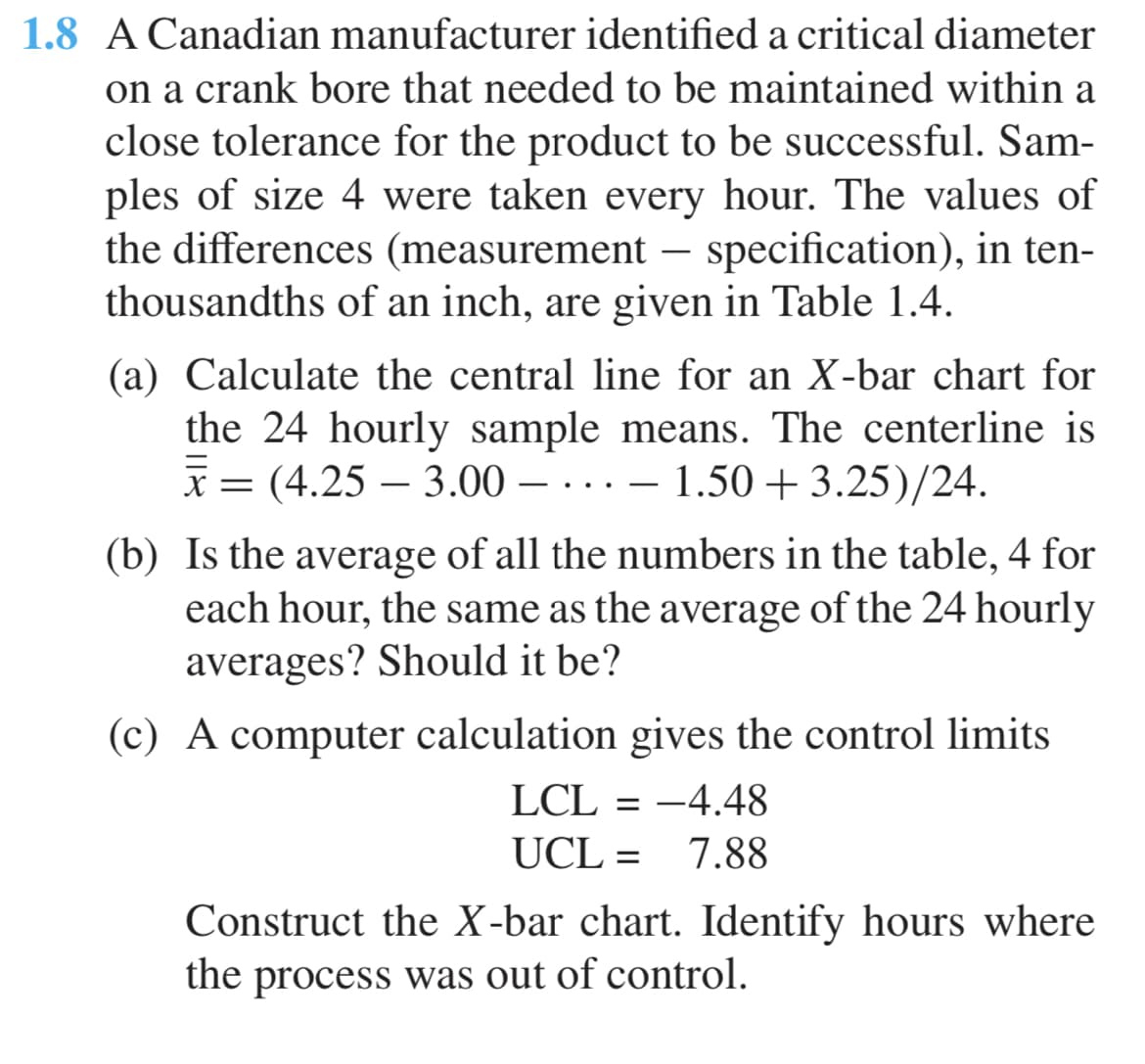 1.8 A Canadian manufacturer identified a critical diameter
on a crank bore that needed to be maintained within a
close tolerance for the product to be successful. Sam-
ples of size 4 were taken every hour. The values of
the differences (measurement - specification), in ten-
thousandths of an inch, are given in Table 1.4.
(a) Calculate the central line for an X-bar chart for
the 24 hourly sample means. The centerline is
x = — . . .
(4.25 -3.00 -1.50 +3.25)/24.
=
(b) Is the average of all the numbers in the table, 4 for
each hour, the same as the average of the 24 hourly
averages? Should it be?
(c) A computer calculation gives the control limits
LCL = -4.48
UCL 7.88
=
Construct the X-bar chart. Identify hours where
the process was out of control.
