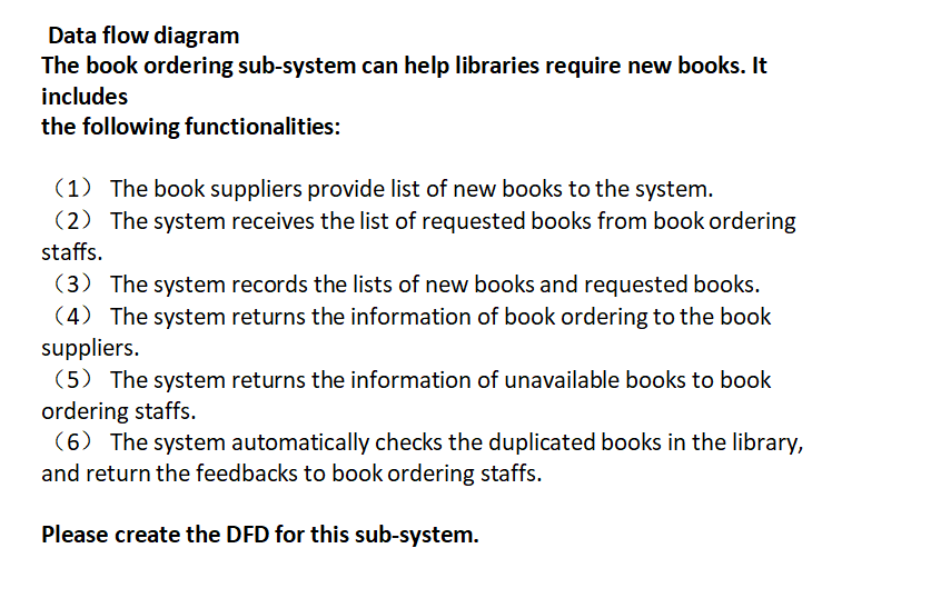 Data flow diagram
The book ordering sub-system can help libraries require new books. It
includes
the following functionalities:
(1) The book suppliers provide list of new books to the system.
(2) The system receives the list of requested books from book ordering
staffs.
(3) The system records the lists of new books and requested books.
(4) The system returns the information of book ordering to the book
suppliers.
(5) The system returns the information of unavailable books to book
ordering staffs.
(6) The system automatically checks the duplicated books in the library,
and return the feedbacks to book ordering staffs.
Please create the DFD for this sub-system.