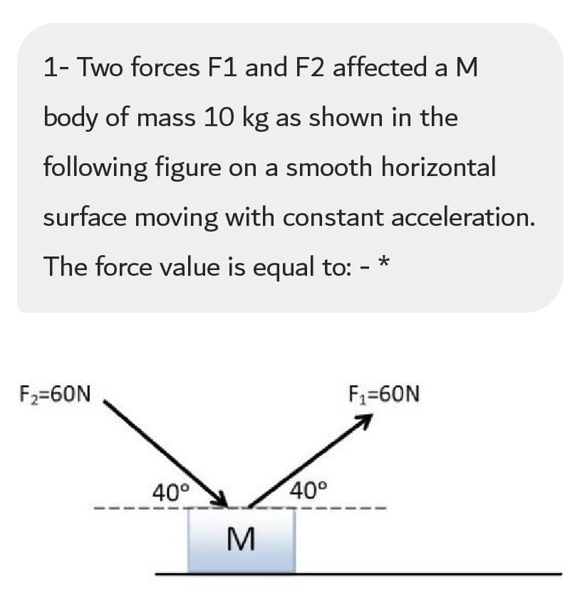 1- Two forces F1 and F2 affected a M
body of mass 10 kg as shown in the
following figure on a smooth horizontal
surface moving with constant acceleration.
The force value is equal to: - *
F2=60N
F1=60N
40°
40°
M
