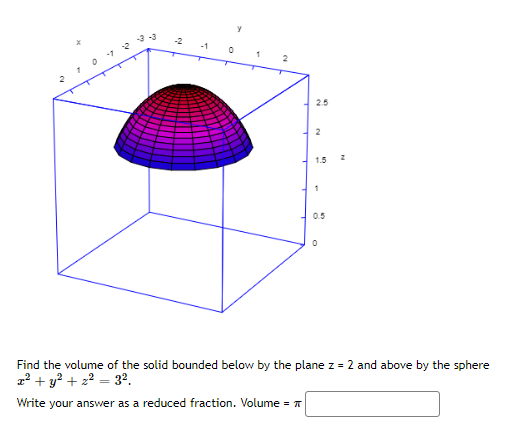 0
-7
2
Ņ
O
Y
1
2
1
2
1
0.5
Find the volume of the solid bounded below by the plane z = 2 and above by the sphere
x² + y² +2²= 3².
Write your answer as a reduced fraction. Volume =
2.5
2
1.5
2