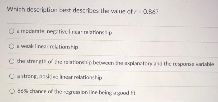 Which description best describes the value of r = 0.86?
O a moderate, negative linear relationship
O a weak linear relationship
O the strength of the relationship between the explanatory and the response variable
O a strong, positive linear relationship
86% chance of the regression line being a good fit