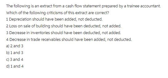 The following is an extract from a cash flow statement prepared by a trainee accountant.
Which of the following criticisms of this extract are correct?
1 Depreciation should have been added, not deducted.
2 Loss on sale of building should have been deducted, not added.
3 Decrease in inventories should have been deducted, not added.
4 Decrease in trade receivables should have been added, not deducted.
a) 2 and 3
b) 1 and 3
c) 3 and 4
d) 1 and 4