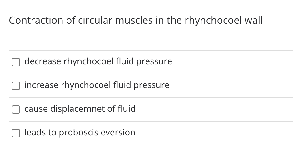 Contraction of circular muscles in the rhynchocoel wall
decrease rhynchocoel fluid pressure
increase rhynchocoel fluid pressure
cause displacemnet of fluid
leads to proboscis eversion
