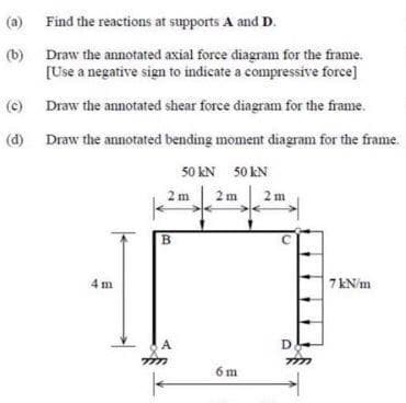(a) Find the reactions at supports A and D.
(b) Draw the annotated axial force diagram for the frame.
[Use a negative sign to indicate a compressive force]
(c) Draw the annotated shear force diagram for the frame.
(d) Draw the annotated bending moment diagram for the frame.
50 kN 50 kN
2 m 2m 2 m
B
7 kN/m
4 m
A
D
6 m
