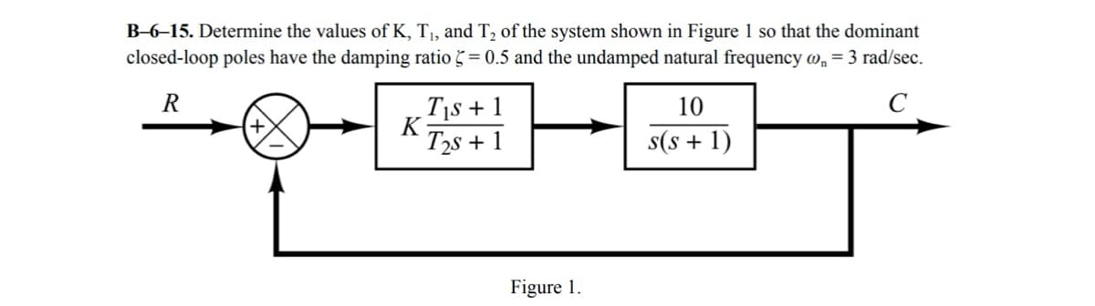 B-6-15. Determine the values of K, T₁, and T2 of the system shown in Figure 1 so that the dominant
closed-loop poles have the damping ratio = 0.5 and the undamped natural frequency w₁ = 3 rad/sec.
R
T₁s + 1
K
T2s+1
Figure 1.
10
s(s + 1)