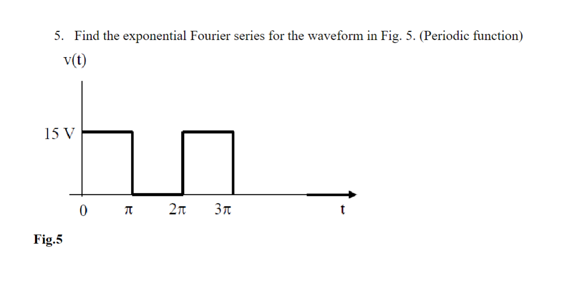 5. Find the exponential Fourier series for the waveform in Fig. 5. (Periodic function)
v(t)
15 V
Fig.5
π
2π 3π
t
