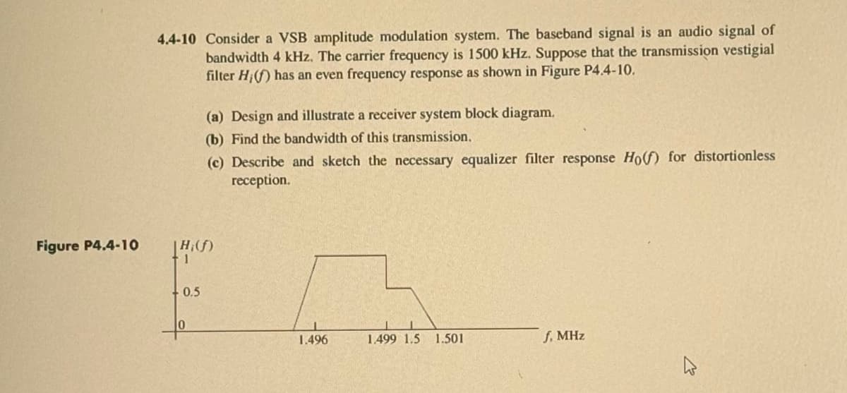 Figure P4.4-10
4.4-10 Consider a VSB amplitude modulation system. The baseband signal is an audio signal of
bandwidth 4 kHz. The carrier frequency is 1500 kHz. Suppose that the transmission vestigial
filter Hi) has an even frequency response as shown in Figure P4.4-10.
(a) Design and illustrate a receiver system block diagram.
(b) Find the bandwidth of this transmission.
(c) Describe and sketch the necessary equalizer filter response Ho(f) for distortionless
reception.
|H;(f)
0.5
10
1.496
1.499 1.5 1.501
f. MHz
