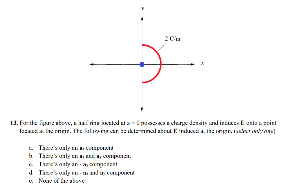a. There's only an ax component
b. There's only an ax and ay component
y
c. There's only an - ax component
d. There's only an - ax and ay component
e. None of the above
2 C/m
13. For the figure above, a half ring located at z = 0 possesses a charge density and induces E onto a point
located at the origin. The following can be determined about E induced at the origin. (select only one)
X