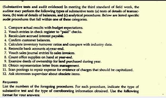 (Substantive tests and audit evidence) In meeting the third standard of field work, the
auditor may perform the following types of substantive tests: (a) tests of details of transac-
tions, (b) tests of details of balances, and (c) analytical procedures. Below are kisted specific
audit procedures that fall within one of these categories.
1. Compare actual results with budget expectations.
2. Vouch entries in check register to "paid" checks.
3. Recalculate accrued interest payable.
4. Confirm customer balances.
5. Calculate inventory turnover ratios and compare with industry data.
6. Reconcile bank accounts ativear-end.
7. Vouch sales journal entries to sales invoices.
8. Count office supplies on hand at year-end.
9. Examine deeds of ownership for land purchased during year.
10. Obtain representation letter from management.
11. Scan postings to repair expense for evidence of charges that should be capitałized.
12. Ask storeroom supervisor about obsolete items.
REQUIRED
List the numbers of the foregoing procedures. For each procedure, indicate the type of
substantive test and the type of corroborating information obtained. Use the following
format for vour answers:
