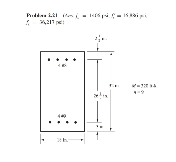 Problem 2.21 (Ans. f = 1406 psi, f = 16,886 psi,
f = 36,217 psi)
4 #8
4 #9
18 in.
2-in.
32 in.
26 in.
3 in.
M = 320 ft-k
n = 9