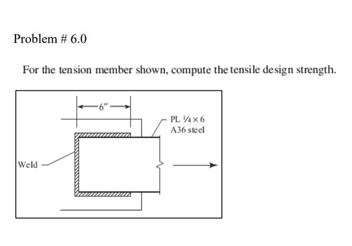 Problem # 6.0
For the tension member shown, compute the tensile design strength.
Weld
-6"
PL 4X6
A36 steel