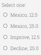 Select one:
O Mexico, 12.5
O Mexico, 25.0
O Improve, 12.5
O Decline, 25.0
