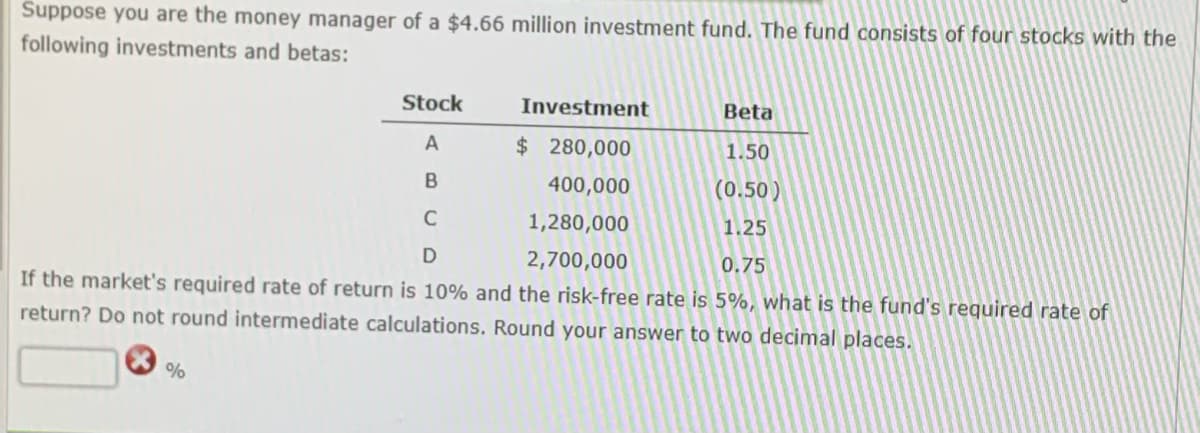 Suppose you are the money manager of a $4.66 million investment fund. The fund consists of four stocks with the
following investments and betas:
Stock
Investment
Beta
A
$ 280,000
1.50
B
400,000
(0.50)
C
1,280,000
1.25
D
2,700,000
0.75
If the market's required rate of return is 10% and the risk-free rate is 5%, what is the fund's required rate of
return? Do not round intermediate calculations. Round your answer to two decimal places.
%