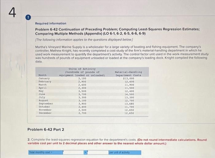 4
Required information
Problem 6-42 Continuation of Preceding Problem; Computing Least-Squares Regression Estimates;
Comparing Multiple Methods (Appendix) (LO 6-1, 6-2, 6-5, 6-6, 6-9)
[The following information applies to the questions displayed below]
Martha's Vineyard Marine Supply is a wholesaler for a large variety of boating and fishing equipment. The company's
controller, Mathew Knight, has recently completed a cost study of the firm's material-handling department in which he
used work measurement to quantify the department's activity. The control factor unit used in the work-measurement study
was hundreds of pounds of equipment unloaded or loaded at the company's loading dock. Knight compiled the following
data.
Month
January
February
March
April
May
June
July
August
September
October
November
December
Units of Activity
(hundreds of pounds of
equipment loaded or unloaded)
Problem 6-42 Part 2
Total monthly cost
3,100
2,900
2,600
2,300
3,500
3,700
3,300
3,100
3,900
2,400
2,500
2,700
Material Handling.
Department Costs
$13,000
12,600
11,900
11,500
12,400
14,500
13,300
12,700
13,680
11,700
12,650
12,650)
2. Complete the least-squares regression equation for the department's costs. (Do not round intermediate calculations. Round
variable cost per unit to 2 decimal places and other answer to the nearest whole dollar amount.)
per unit of activity