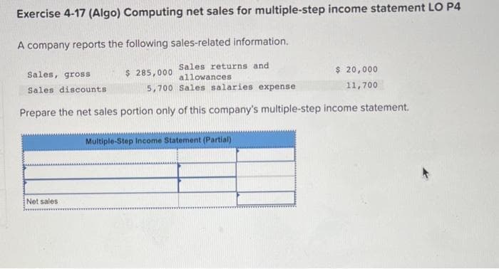 Exercise 4-17 (Algo) Computing net sales for multiple-step income statement LO P4
A company reports the following sales-related information.
Sales returns and
allowances
Sales, gross
Sales discounts
5,700 Sales salaries expense
Prepare the net sales portion only of this company's multiple-step income statement.
Net sales
$ 285,000
Multiple-Step Income Statement (Partial)
$ 20,000
11,700