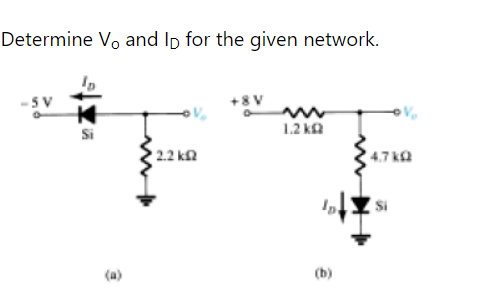 Determine Vo and Ip for the given network.
-5V
+8V
1.2 ka
Si
2.2 k
4.7 k2
(a)
(b)
