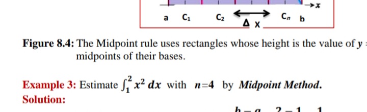 a C1
C2
Cn b
Figure 8.4: The Midpoint rule uses rectangles whose height is the value of y
midpoints of their bases.
Example 3: Estimate Sf x² dx with n=4 by Midpoint Method.
Solution:
