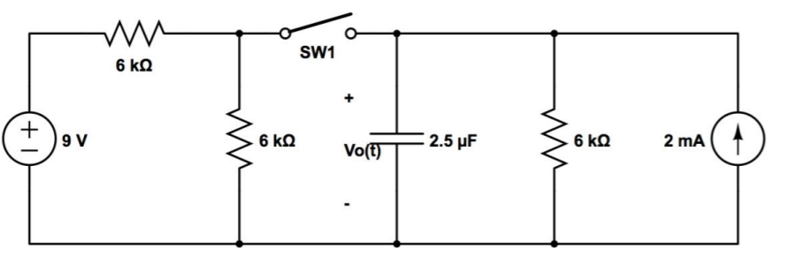 SW1
6 kQ
9 V
6 kQ
Vo(t)
2.5 µF
6 kQ
2 mA
+1
