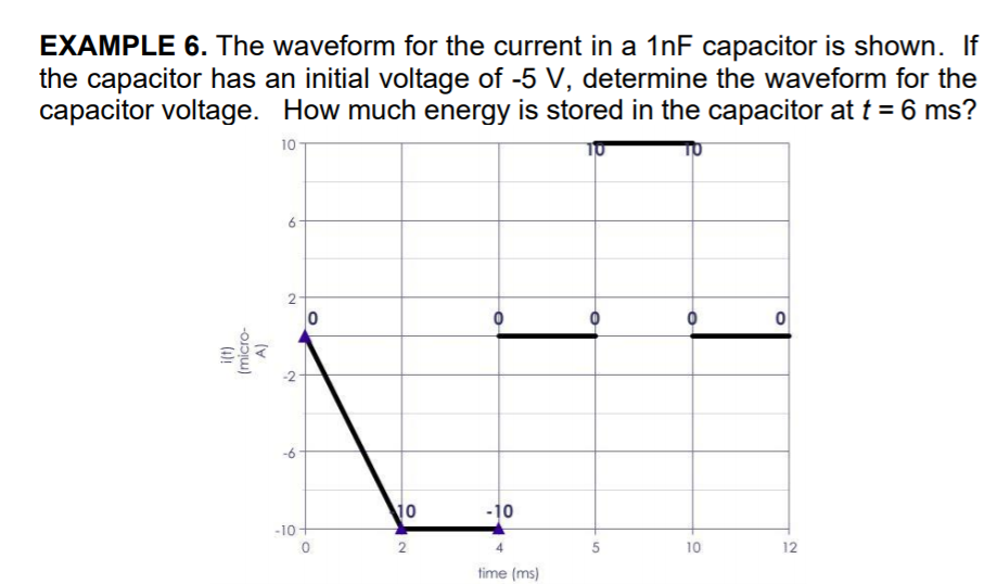 EXAMPLE 6. The waveform for the current in a 1nF capacitor is shown. If
the capacitor has an initial voltage of -5 V, determine the waveform for the
capacitor voltage. How much energy is stored in the capacitor at t = 6 ms?
10
10
-10
-10
10
12
time (ms)
(micro-
2.
