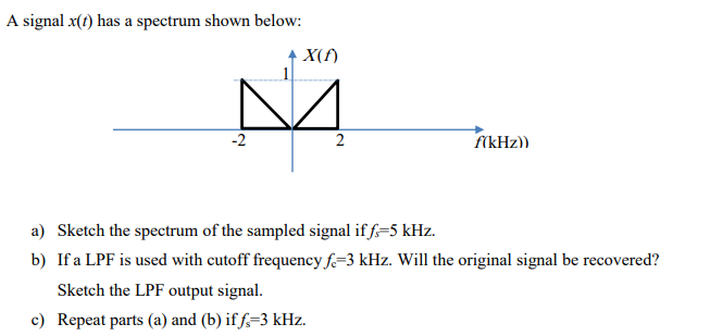 A signal x(t) has a spectrum shown below:
X(f)
-2
2
f(kHz))
a) Sketch the spectrum of the sampled signal if f=5 kHz.
b) If a LPF is used with cutoff frequency f=3 kHz. Will the original signal be recovered?
Sketch the LPF output signal.
c) Repeat parts (a) and (b) if f.=3 kHz.
