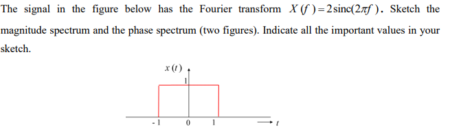 The signal in the figure below has the Fourier transform X (f )= 2 sinc(27f ). Sketch the
magnitude spectrum and the phase spectrum (two figures). Indicate all the important values in your
sketch.
x (1)

