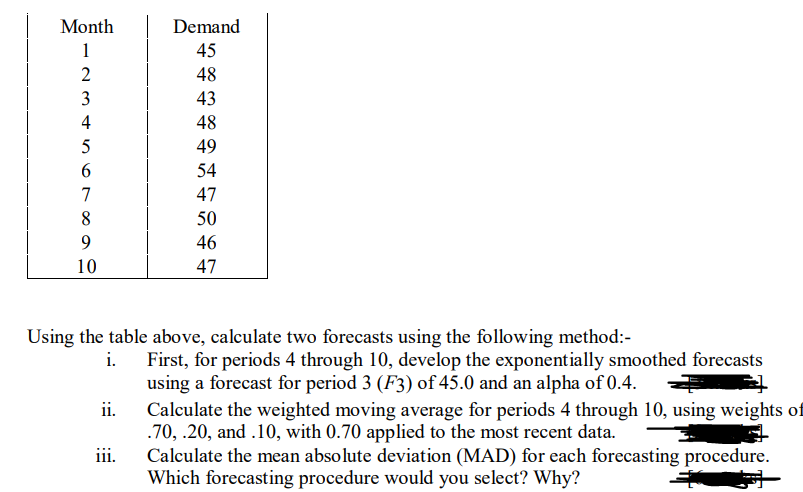 Month
Demand
1
45
2345
48
3
43
4
48
5
49
6
54
7
47
8
50
9
46
10
47
Using the table above, calculate two forecasts using the following method:-
i.
ii.
iii.
First, for periods 4 through 10, develop the exponentially smoothed forecasts
using a forecast for period 3 (F3) of 45.0 and an alpha of 0.4.
Calculate the weighted moving average for periods 4 through 10, using weights of
.70, .20, and .10, with 0.70 applied to the most recent data.
Calculate the mean absolute deviation (MAD) for each forecasting procedure.
Which forecasting procedure would you select? Why?