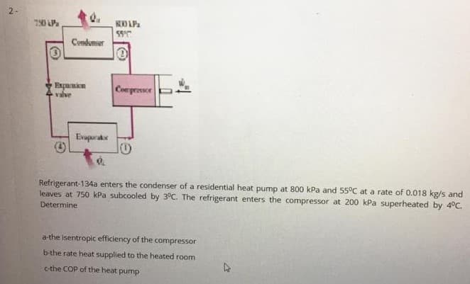 2-
750 LPa
55
Condumsur
Expusion
valve
Corpressor
Evaparatx
Refrigerant-134a enters the condenser of a residential heat pump at 800 kPa and 550C at a rate of 0.018 kg/s and
leaves at 750 kPa subcooled by 3°C. The refrigerant enters the compressor at 200 kPa superheated by 4°C.
Determine
a-the isentropic efficiency of the compressor
b-the rate heat supplied to the heated room
c-the COP of the heat pump
