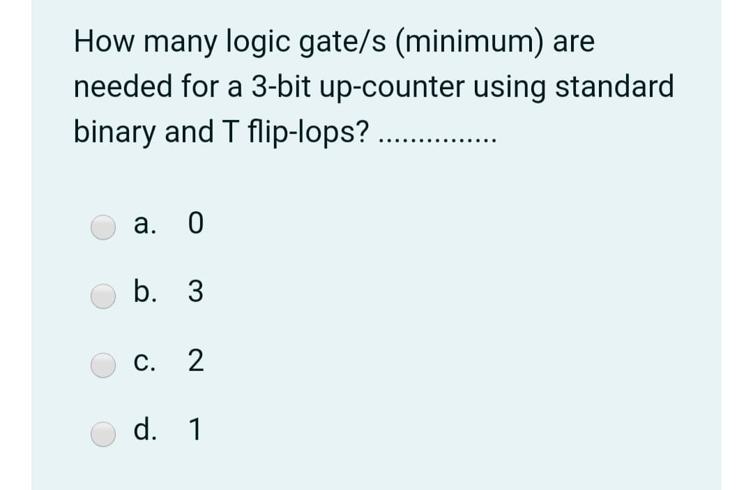 How many logic gate/s (minimum) are
needed for a 3-bit up-counter using standard
binary and T flip-lops?
a.
b. 3
С.
2
d. 1
