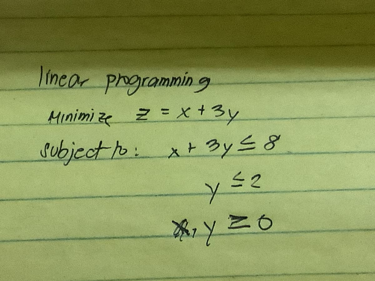 linear programming
Minimize z = x + 3y
subject to: x + 3y ≤ 8
y
≤2
NO