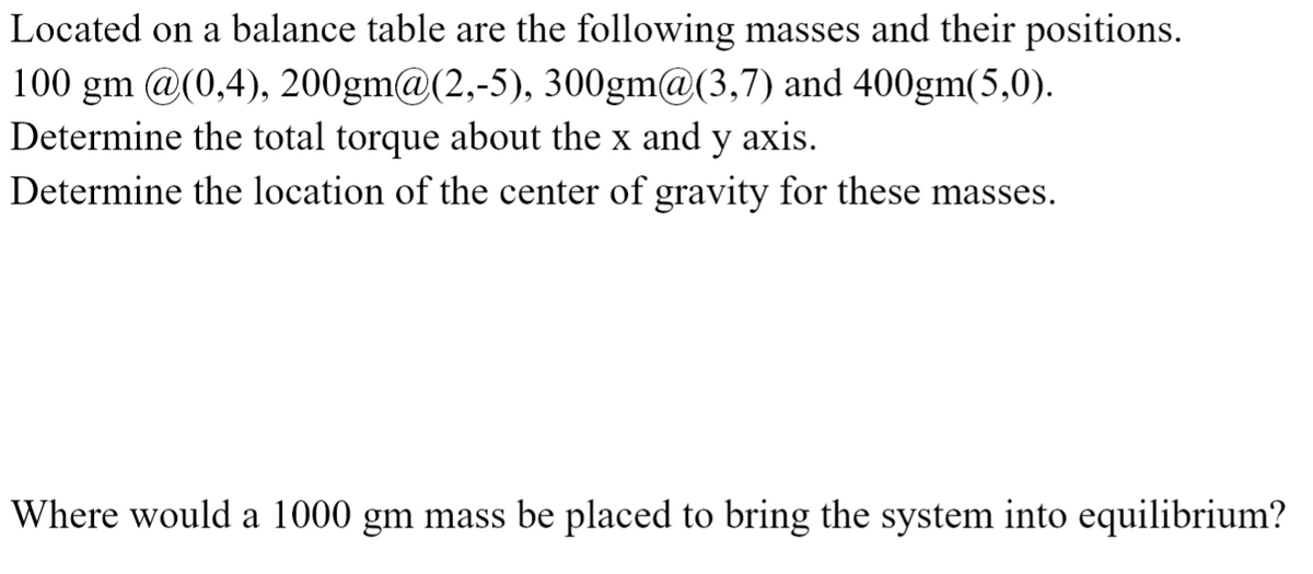 Located on a balance table are the following masses and their positions.
100 gm @(0,4), 200gm@(2,-5), 300gm@(3,7) and 400gm(5,0).
Determine the total torque about the x and y axis.
Determine the location of the center of gravity for these masses.
Where would a 1000 gm mass be placed to bring the system into equilibrium?