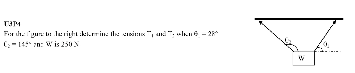 U3P4
For the figure to the right determine the tensions T₁ and T₂ when 0₁ = 28°
=
02 145° and W is 250 N.
0,
0₁
W