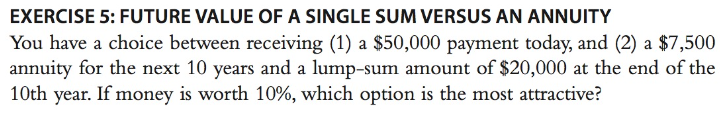 EXERCISE 5: FUTURE VALUE OF A SINGLE SUM VERSUS AN ANNUITY
You have a choice between receiving (1) a $50,000 payment today, and (2) a $7,500
annuity for the next 10 years and a lump-sum amount of $20,000 at the end of the
10th year. If money is worth 10%, which option is the most attractive?
