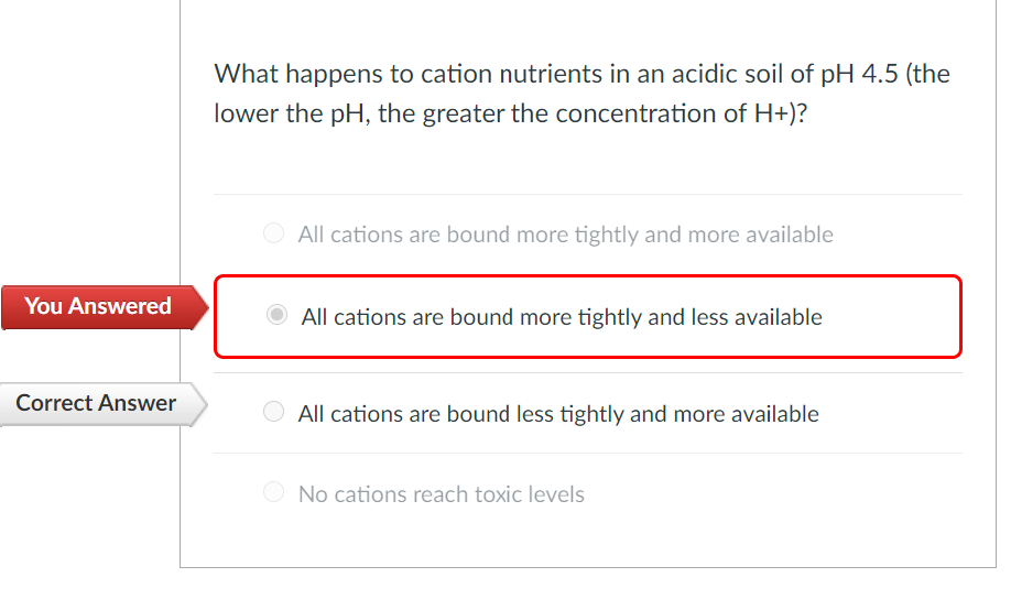 What happens to cation nutrients in an acidic soil of pH 4.5 (the
lower the pH, the greater the concentration of H+)?
All cations are bound more tightly and more available
You Answered
All cations are bound more tightly and less available
Correct Answer
All cations are bound less tightly and more available
O No cations reach toxic levels
