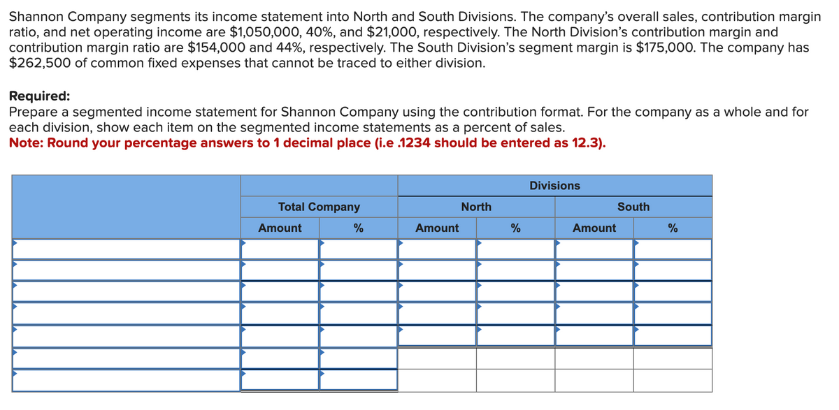 Shannon Company segments its income statement into North and South Divisions. The company's overall sales, contribution margin
ratio, and net operating income are $1,050,000, 40%, and $21,000, respectively. The North Division's contribution margin and
contribution margin ratio are $154,000 and 44%, respectively. The South Division's segment margin is $175,000. The company has
$262,500 of common fixed expenses that cannot be traced to either division.
Required:
Prepare a segmented income statement for Shannon Company using the contribution format. For the company as a whole and for
each division, show each item on the segmented income statements as a percent of sales.
Note: Round your percentage answers to 1 decimal place (i.e .1234 should be entered as 12.3).
Total Company
Amount
%
Amount
North
%
Divisions
Amount
South
%