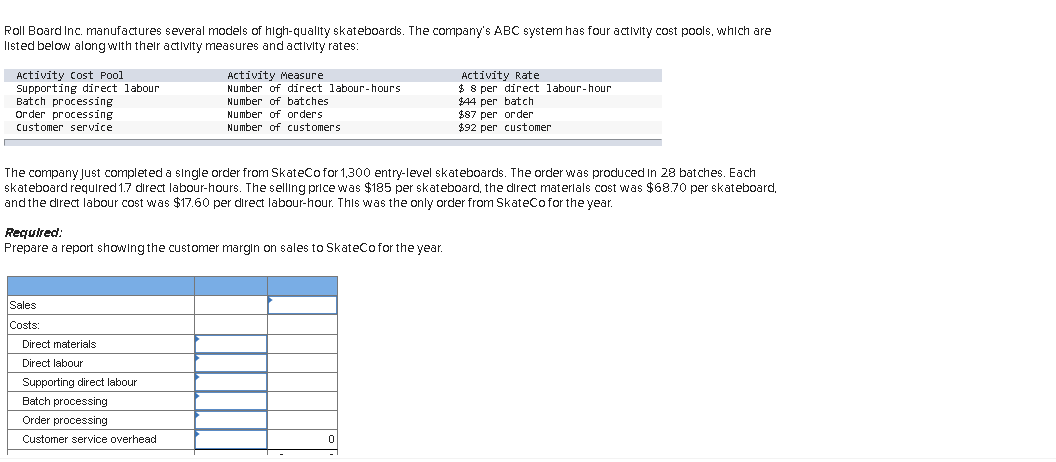 Roll Board Inc. manufactures several models of high-quality skateboards. The company's ABC system has four activity cost pools, which are
listed below along with their activity measures and activity rates:
Activity cost Pool
Supporting direct labour
Batch processing
Or der processing
Customer service
Activity Rate
$ 8 per direct labour-hour
$44 per batch
$87 per order
$92 per customer
Activity Measure
Number of direct labour-hours
Number of batches
Number of orders
Number of customers
The company Just completed a single order from SkateCofor 1,300 entry-level skateboards. The order was produced In 28 batches. Each
skateboard requlred 1.7 direct labour-hours. The selling price was $185 per skateboard, the direct materlals cost was $68.70 per skateboard,
and the direct labour cost was $17.60 per direct labour-hour. This was the only order from SkateCofor the year.
Required:
Prepare a report showing the customer margin on sales to SkateCofor the year.
Sales
Costs:
Direct materials
Direct labour
Supporting direct labour
Batch processing
Order processing
Customer service overhead
