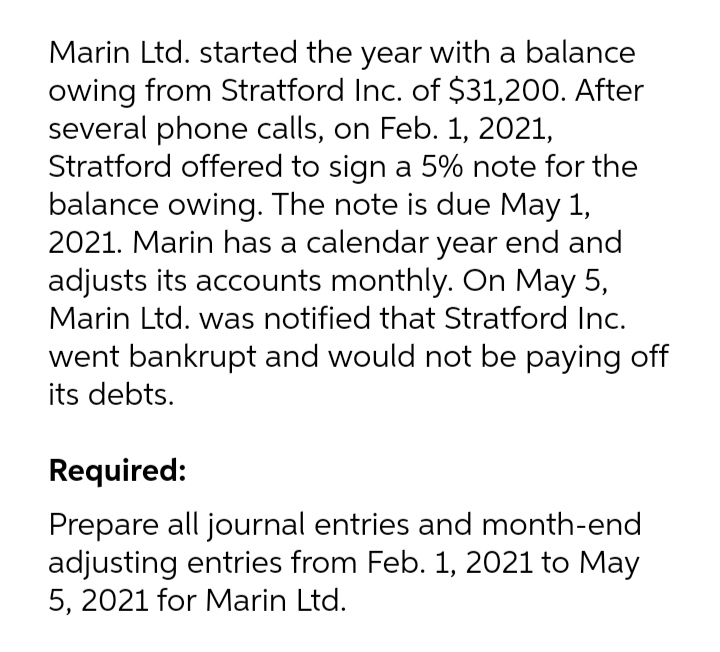 Marin Ltd. started the year with a balance
owing from Stratford Inc. of $31,200. After
several phone calls, on Feb. 1, 2021,
Stratford offered to sign a 5% note for the
balance owing. The note is due May 1,
2021. Marin has a calendar year end and
adjusts its accounts monthly. On May 5,
Marin Ltd. was notified that Stratford Inc.
went bankrupt and would not be paying off
its debts.
Required:
Prepare all journal entries and month-end
adjusting entries from Feb. 1, 2021 to May
5, 2021 for Marin Ltd.
