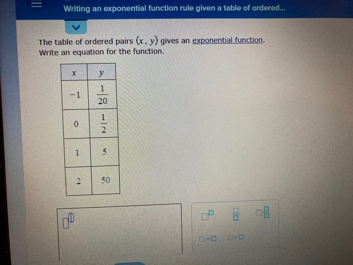 Writing an exponential function rule given a table of ordered...
The table of ordered pairs (x, y) gives an exponential function.
Write an equation for the function.
X
-1
0
1
2
y
1
20
5
50
4
10-0
3 08
DO