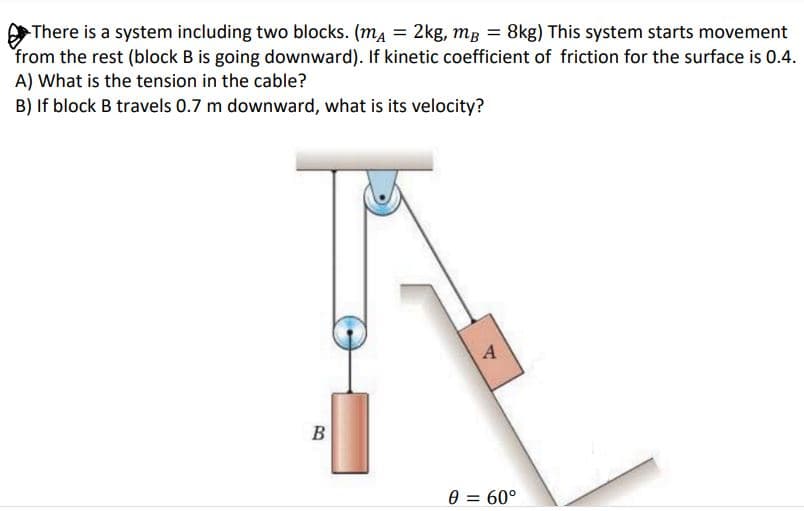 There is a system including two blocks. (mĄ = 2kg, mg = 8kg) This system starts movement
from the rest (block B is going downward). If kinetic coefficient of friction for the surface is 0.4.
A) What is the tension in the cable?
B) If block B travels 0.7 m downward, what is its velocity?
A
В
0 = 60°
%3D
