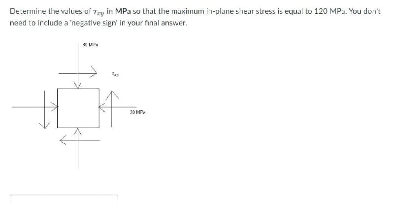 Determine the values of Try in MPa so that the maximum in-plane shear stress is equal to 120 MPa. You don't
need to include a 'negative sign' in your final answer.
80 MPa
185
30 MPa